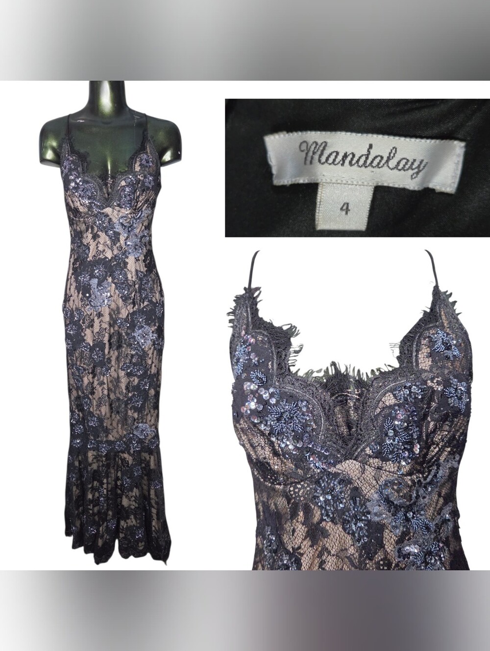 Vintage Mandalay Y2K Fairy Black & Cream Beaded Floral Lace Maxi Dress Size 4